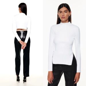 Aritzia Babaton Sculpt Knit Tie Back Long Sleeve Top XS White Ribbed Mockneck